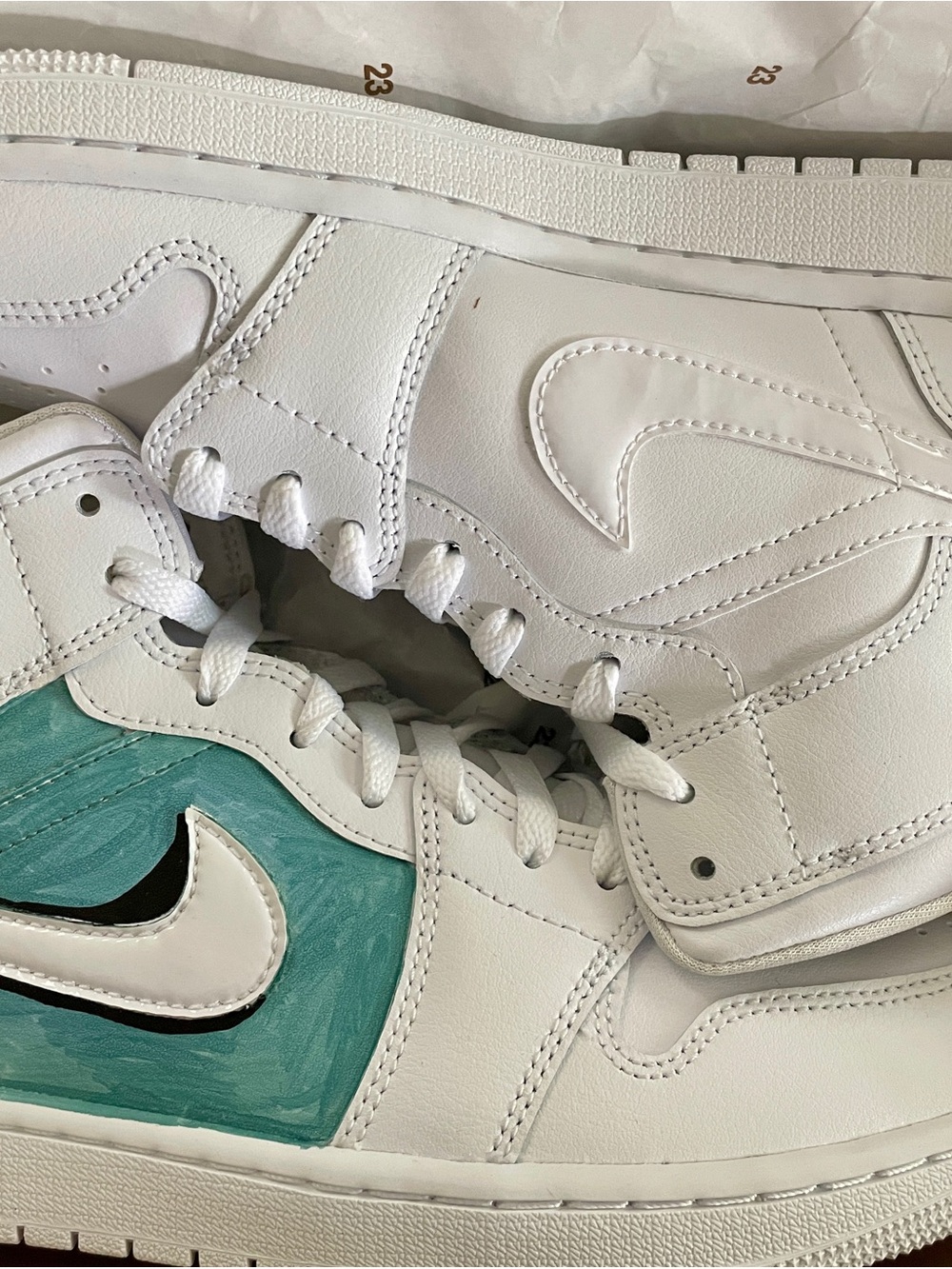 White and Teal Custom High-Top Sneakers — Nike